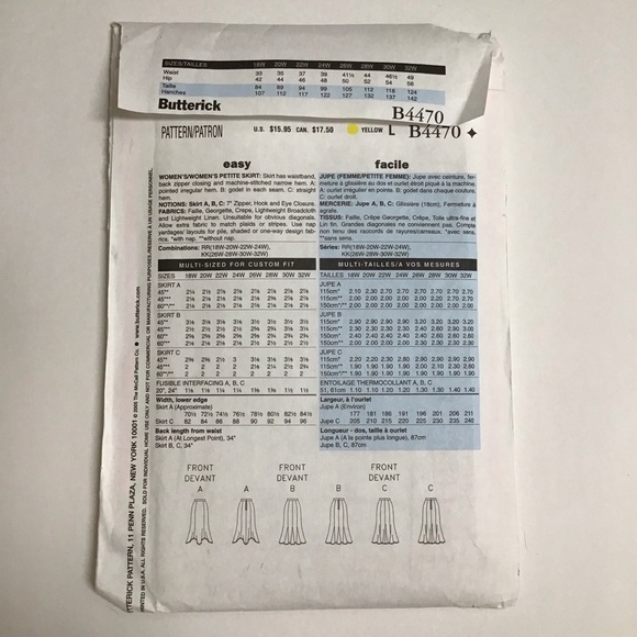 Butterick Sew Pattern 6 Fast & Easy Skirts B4470 SZ RR (18W/20W/22W/24W) FF 2005 - Picture 3 of 4